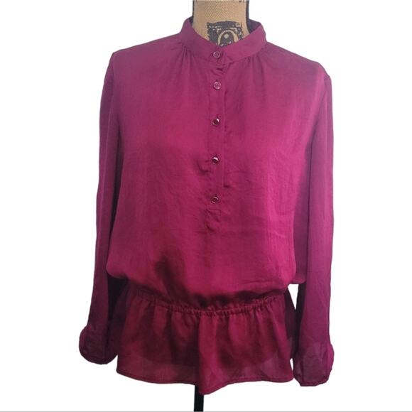 Michael Kors purple high neck blouse, size medium, ruffled waist, tab sleeves - Picture 1 of 7